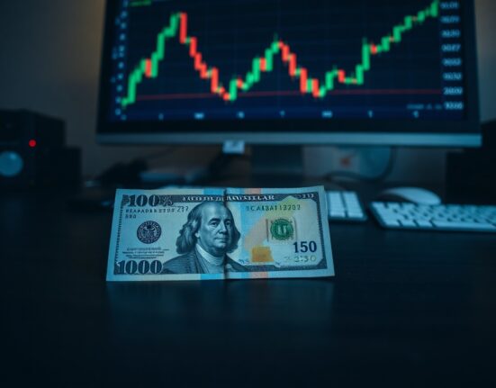 Canadian and US dollar banknotes with a computer monitor showing a USD/CAD chart in the background