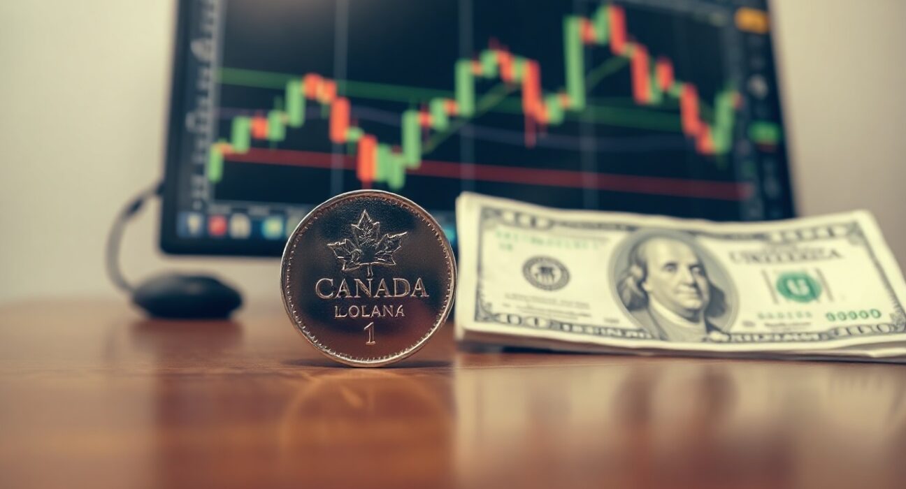 Canadian loonie coin and US dollar bill on desk with forex chart in background