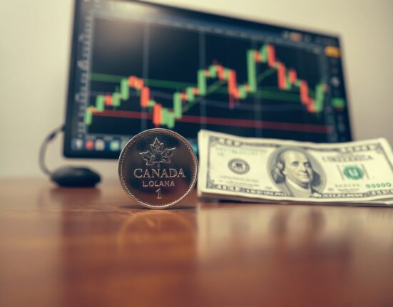 Canadian loonie coin and US dollar bill on desk with forex chart in background