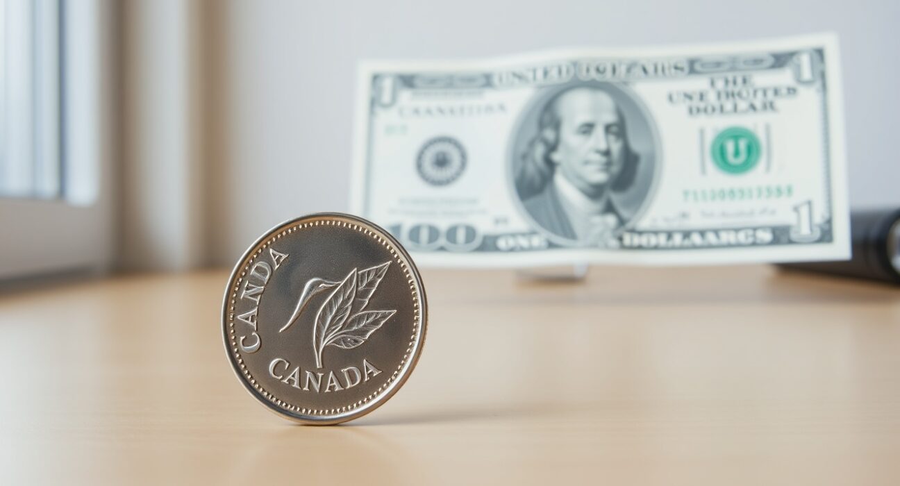 Canadian loonie coin and US dollar bill on a desk, representing USD/CAD exchange rate analysis.