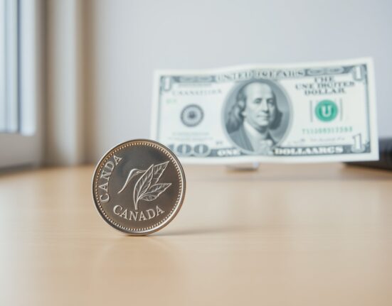 Canadian loonie coin and US dollar bill on a desk, representing USD/CAD exchange rate analysis.