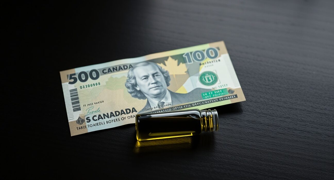 Canadian dollar banknote beside a vial of crude oil on a wooden surface, representing currency and commodity market dynamics.