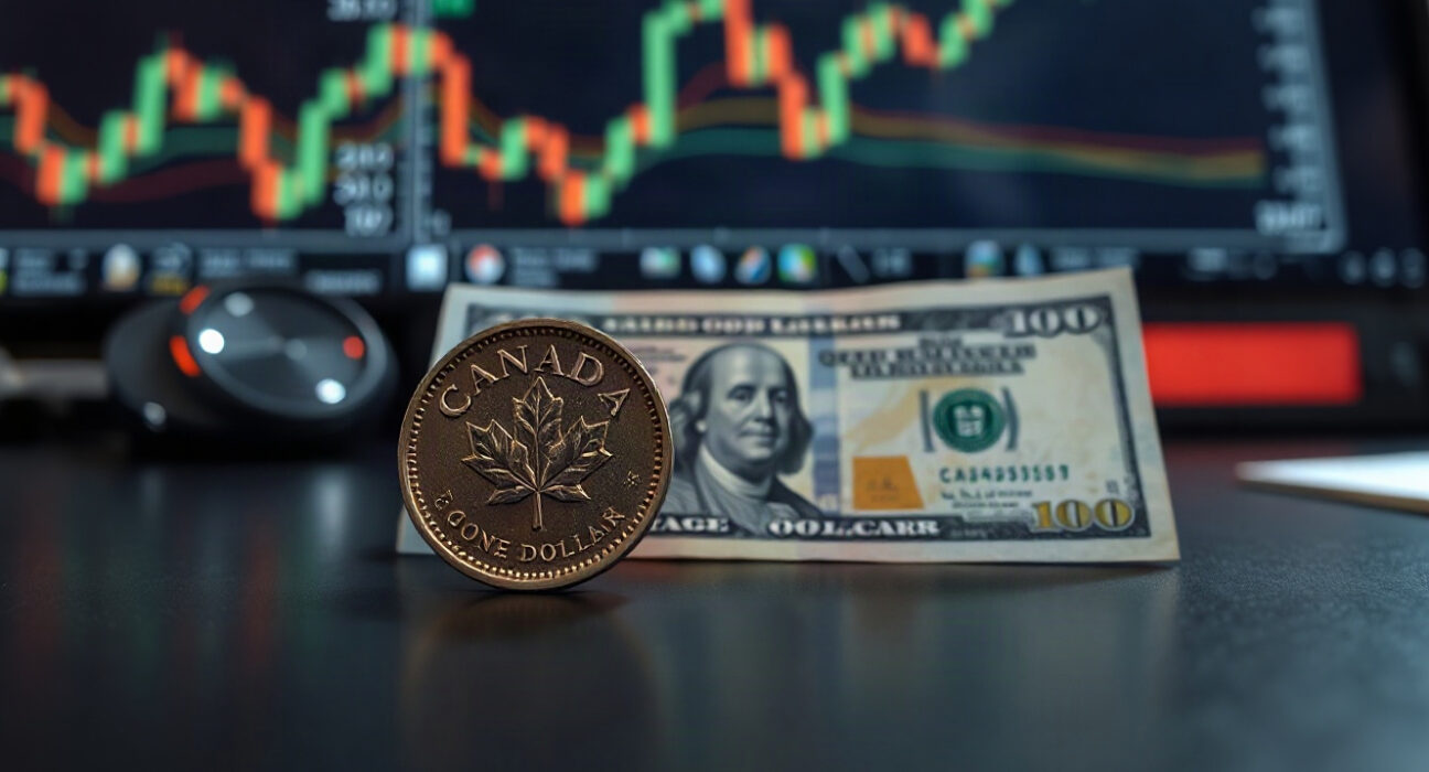 Canadian loonie coin and U.S. dollar bill on a financial desk with a chart in the background
