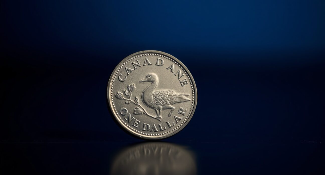 Close-up of a Canadian Loonie coin on a dark surface, representing currency weakness.