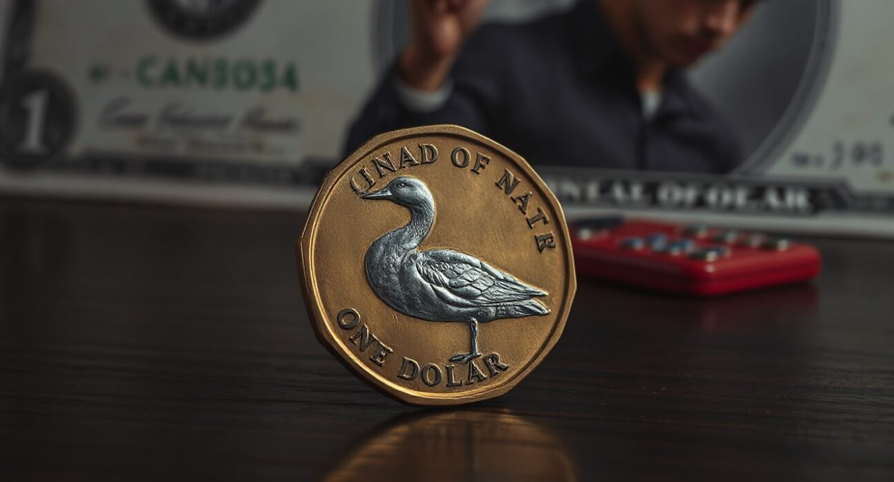 Canadian loonie coin on wooden surface with blurred US dollar bill background