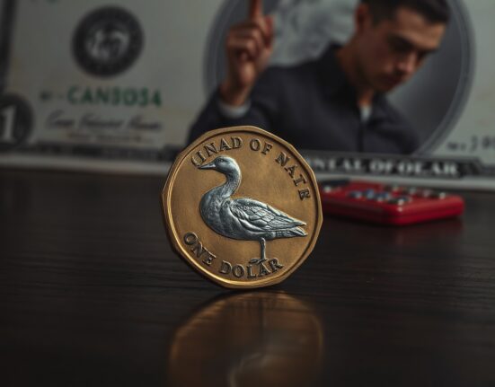 Canadian loonie coin on wooden surface with blurred US dollar bill background