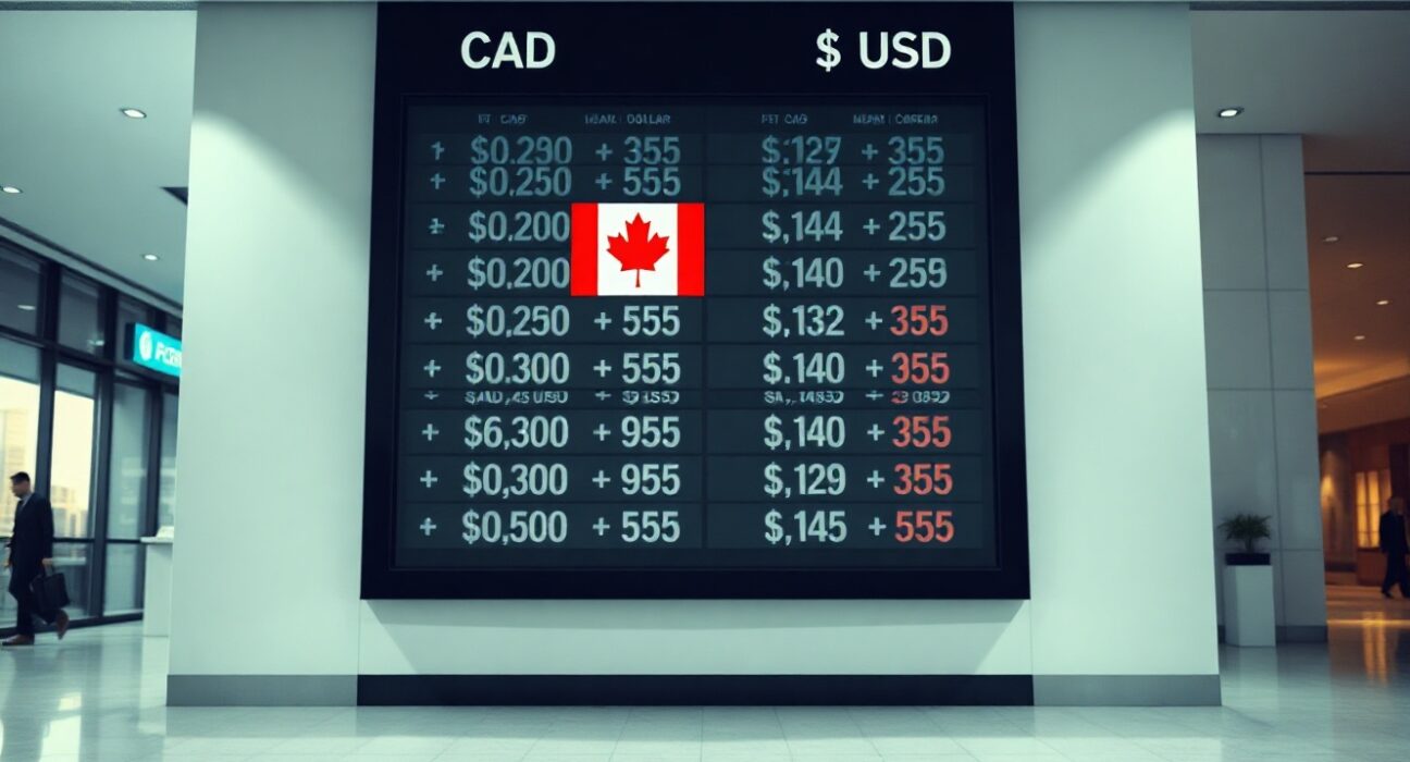 Currency exchange board showing CAD and USD symbols in a modern financial district banking lobby