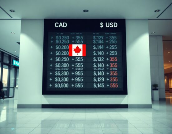 Currency exchange board showing CAD and USD symbols in a modern financial district banking lobby