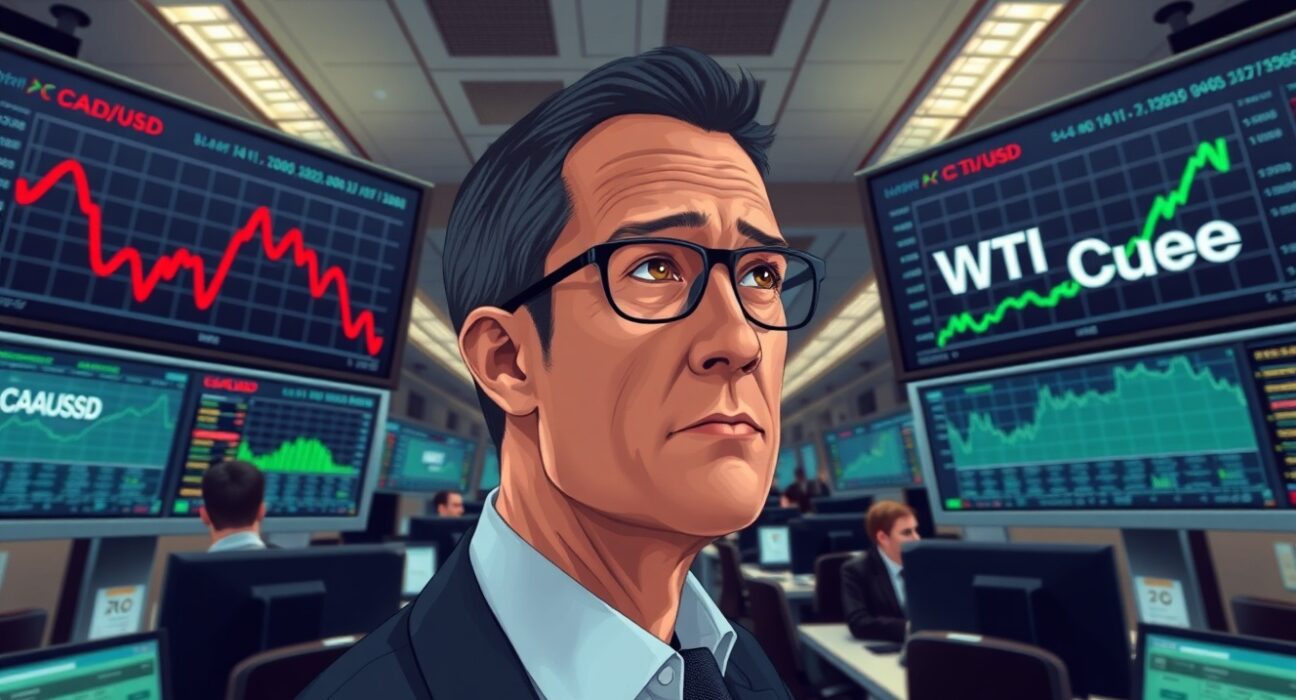 Trader analyzing conflicting Canadian Dollar decline and WTI crude oil price surge data on trading floor displays.