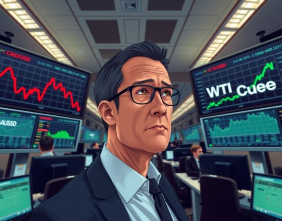 Trader analyzing conflicting Canadian Dollar decline and WTI crude oil price surge data on trading floor displays.