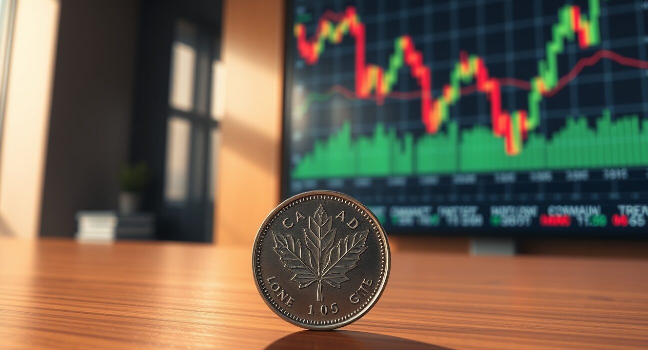 Canadian Loonie coin and financial charts representing CAD volatility ahead of central bank meetings.
