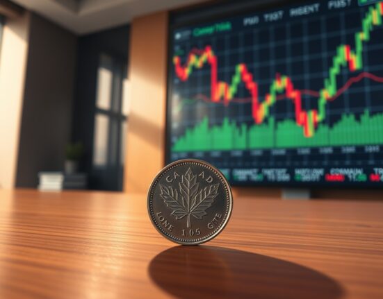 Canadian Loonie coin and financial charts representing CAD volatility ahead of central bank meetings.