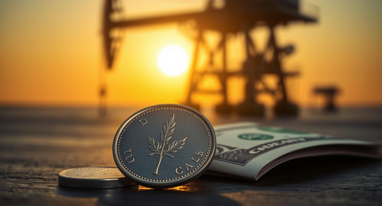 Canadian loonie coin and US dollar bill with oil rig silhouette in background representing currency and oil market dynamics.