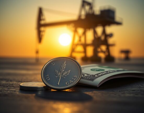 Canadian loonie coin and US dollar bill with oil rig silhouette in background representing currency and oil market dynamics.