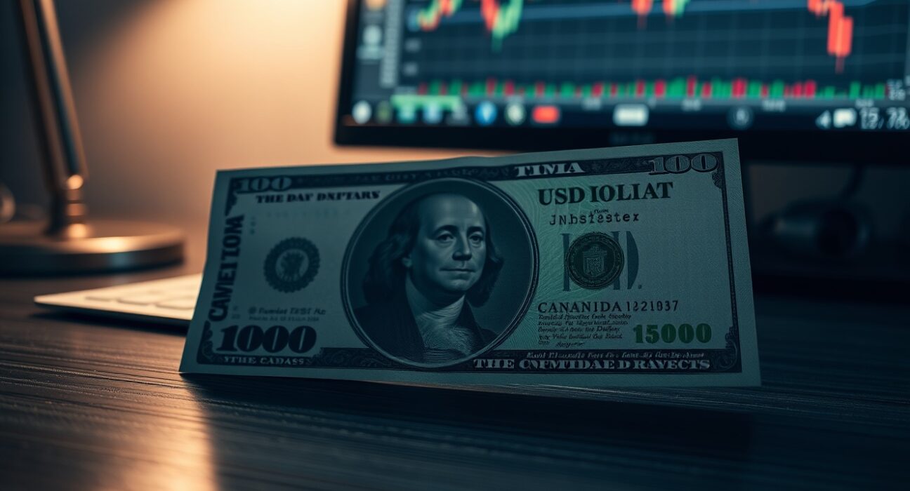 Canadian dollar banknote overlapping US dollar bill on a desk with a financial chart in background