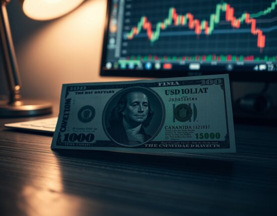 Canadian dollar banknote overlapping US dollar bill on a desk with a financial chart in background