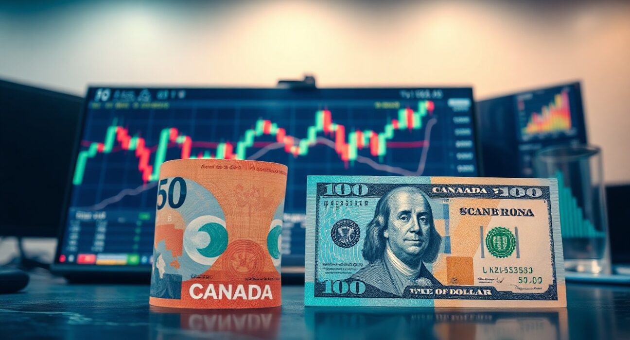 Canadian and US dollar banknotes with a trading chart in background, representing USD/CAD forex movements