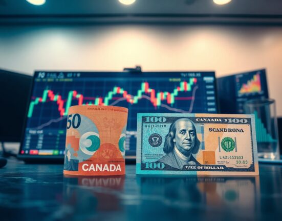 Canadian and US dollar banknotes with a trading chart in background, representing USD/CAD forex movements