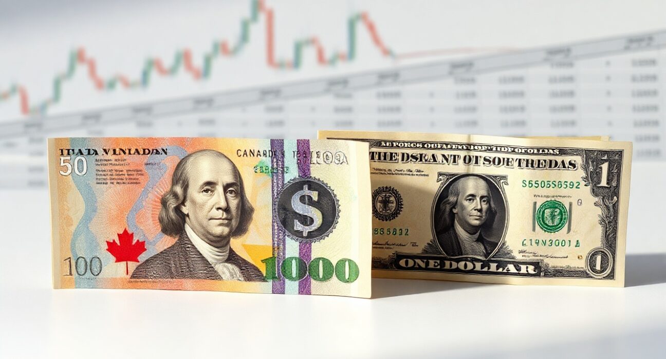 Canadian and US dollar banknotes side by side, symbolizing USD/CAD exchange rate movements.