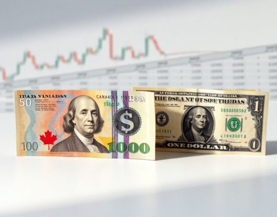 Canadian and US dollar banknotes side by side, symbolizing USD/CAD exchange rate movements.