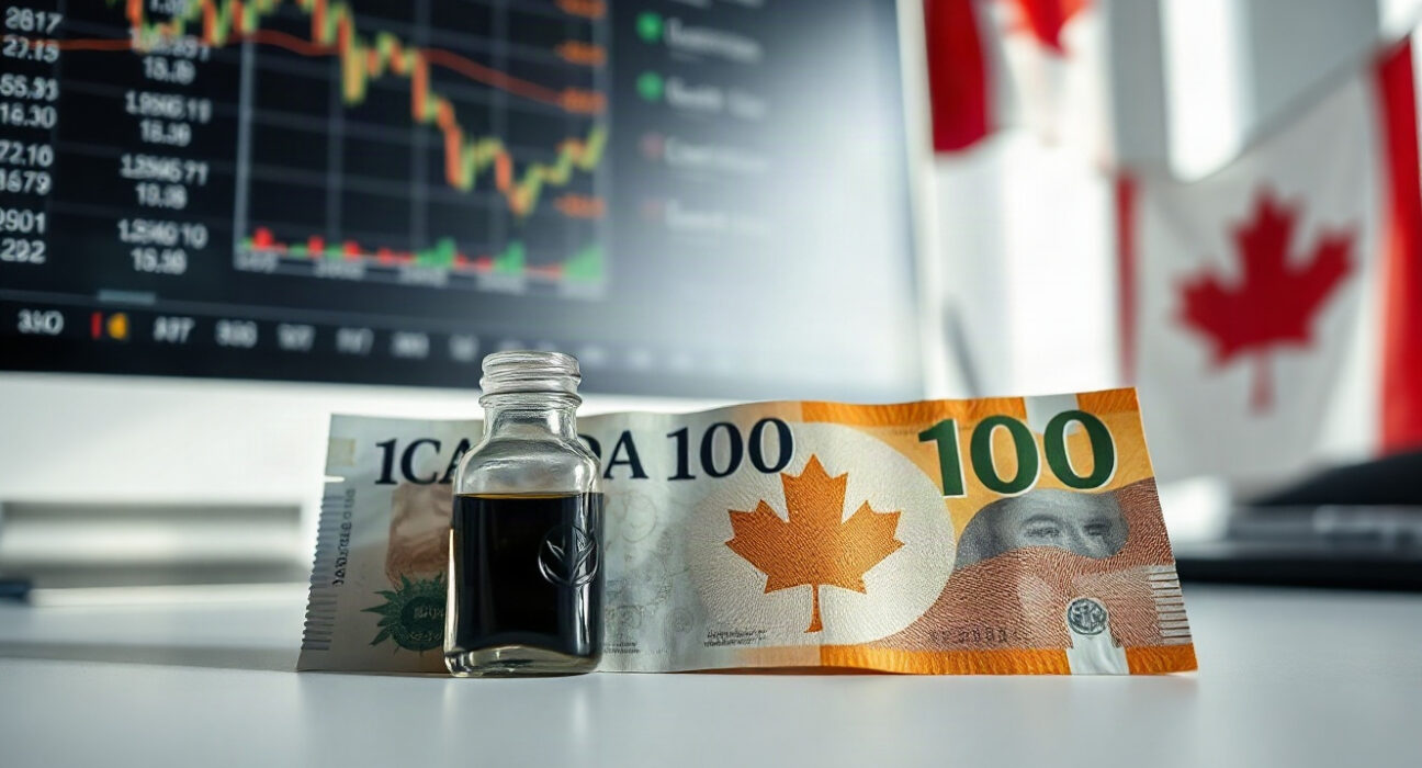 Canadian dollar banknote and oil vial representing currency and oil price support