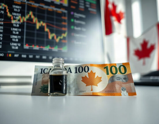 Canadian dollar banknote and oil vial representing currency and oil price support