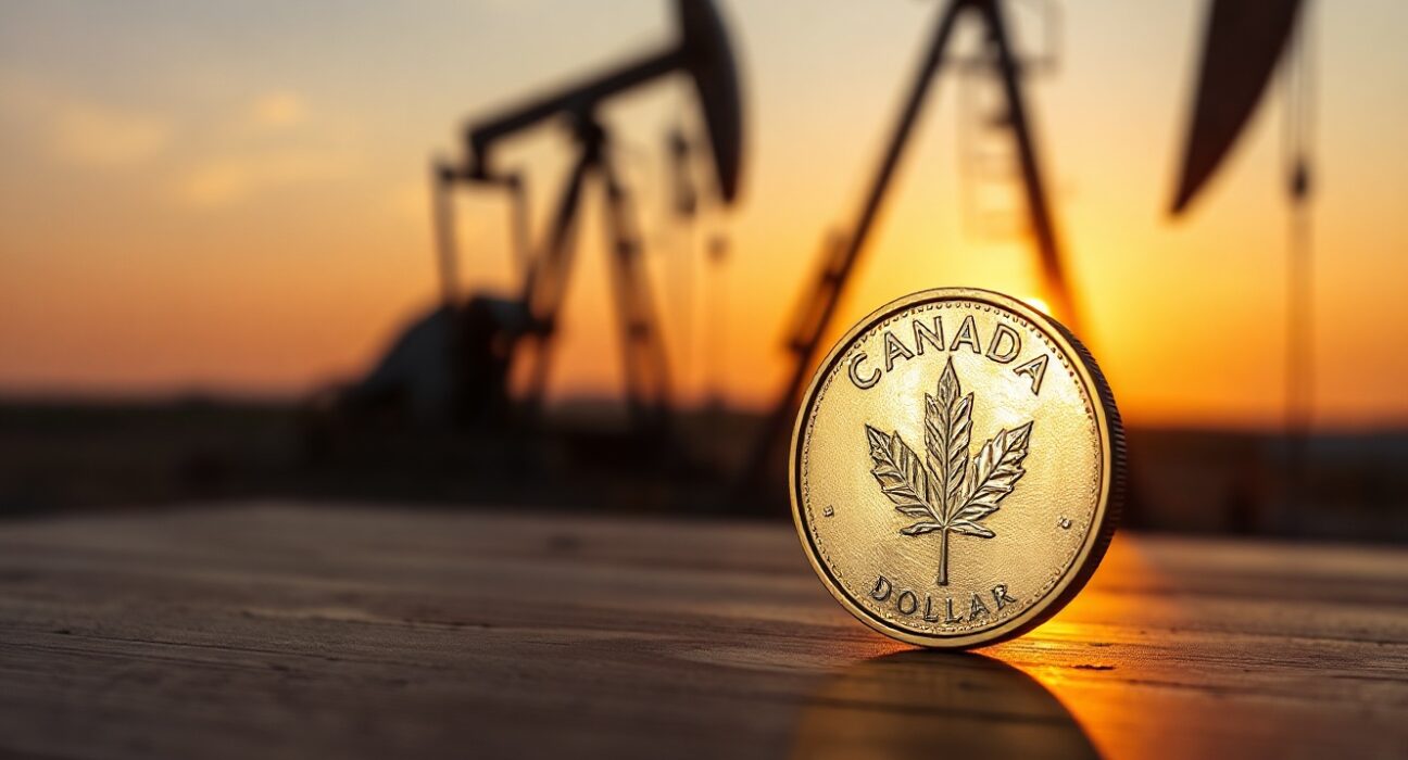 Canadian dollar coin near oil pump jack silhouette at sunset