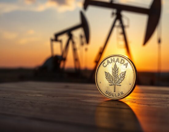 Canadian dollar coin near oil pump jack silhouette at sunset