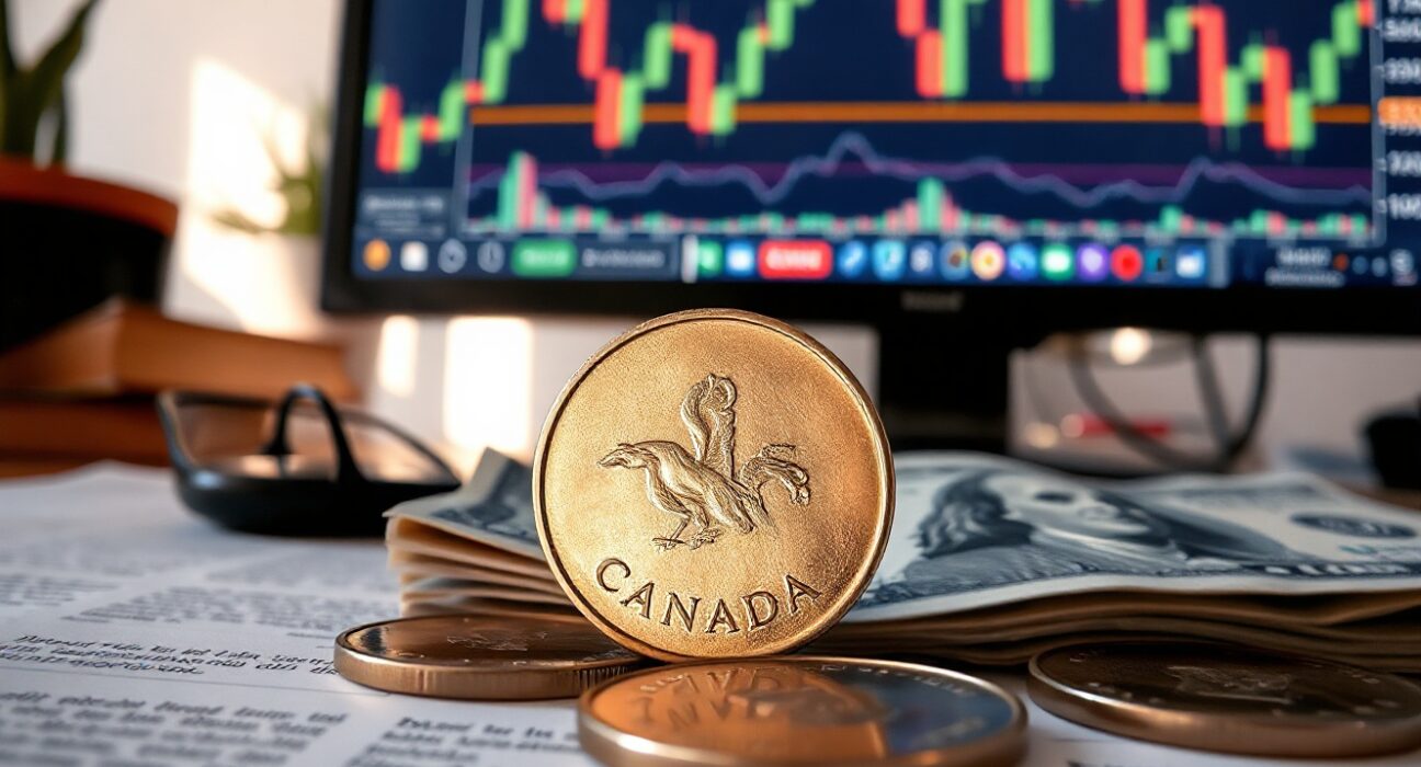 Canadian loonie and US dollar bill with a USD/CAD chart in the background