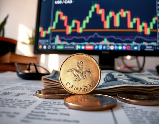 Canadian loonie and US dollar bill with a USD/CAD chart in the background