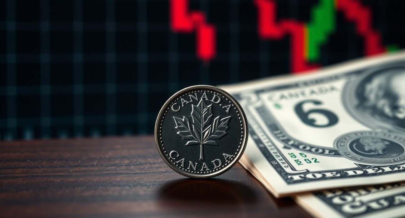 Canadian loonie coin and US dollar bill on a wooden surface with a blurred financial chart background.