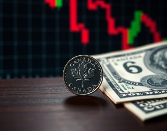 Canadian loonie coin and US dollar bill on a wooden surface with a blurred financial chart background.