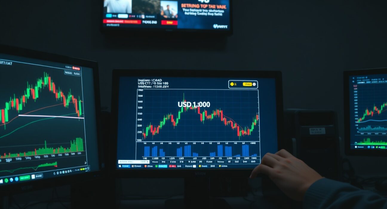 Forex trading desk with USD/CAD chart flat near 1.3700 amid US CPI and Iran tensions
