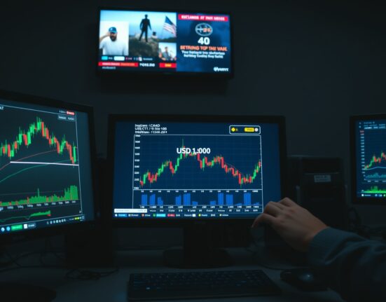 Forex trading desk with USD/CAD chart flat near 1.3700 amid US CPI and Iran tensions