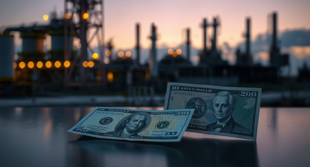 Canadian and US dollar banknotes on a dark surface with a blurred oil refinery background