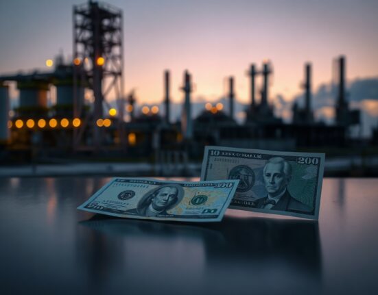 Canadian and US dollar banknotes on a dark surface with a blurred oil refinery background
