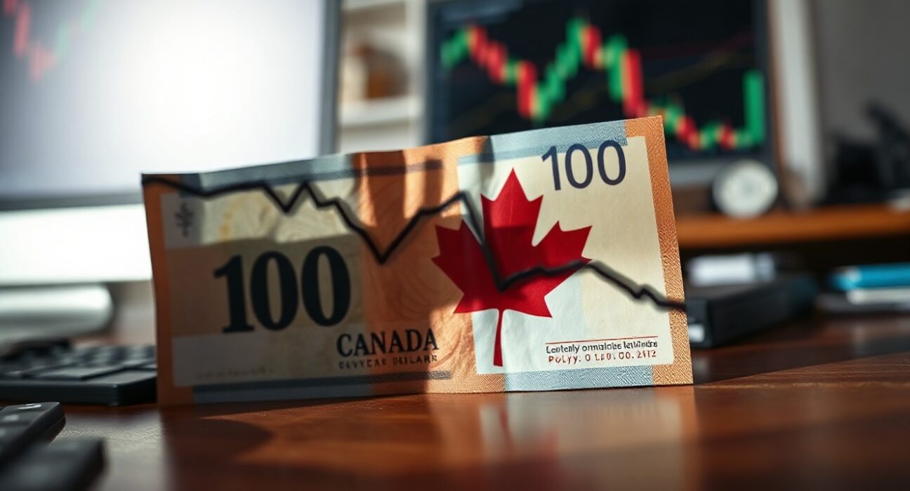 Canadian dollar banknote with downward chart line on desk, representing forex flow reversal ahead of Bank of Canada decision.