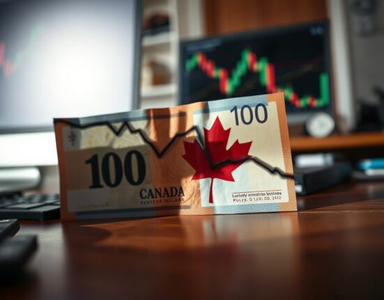 Canadian dollar banknote with downward chart line on desk, representing forex flow reversal ahead of Bank of Canada decision.