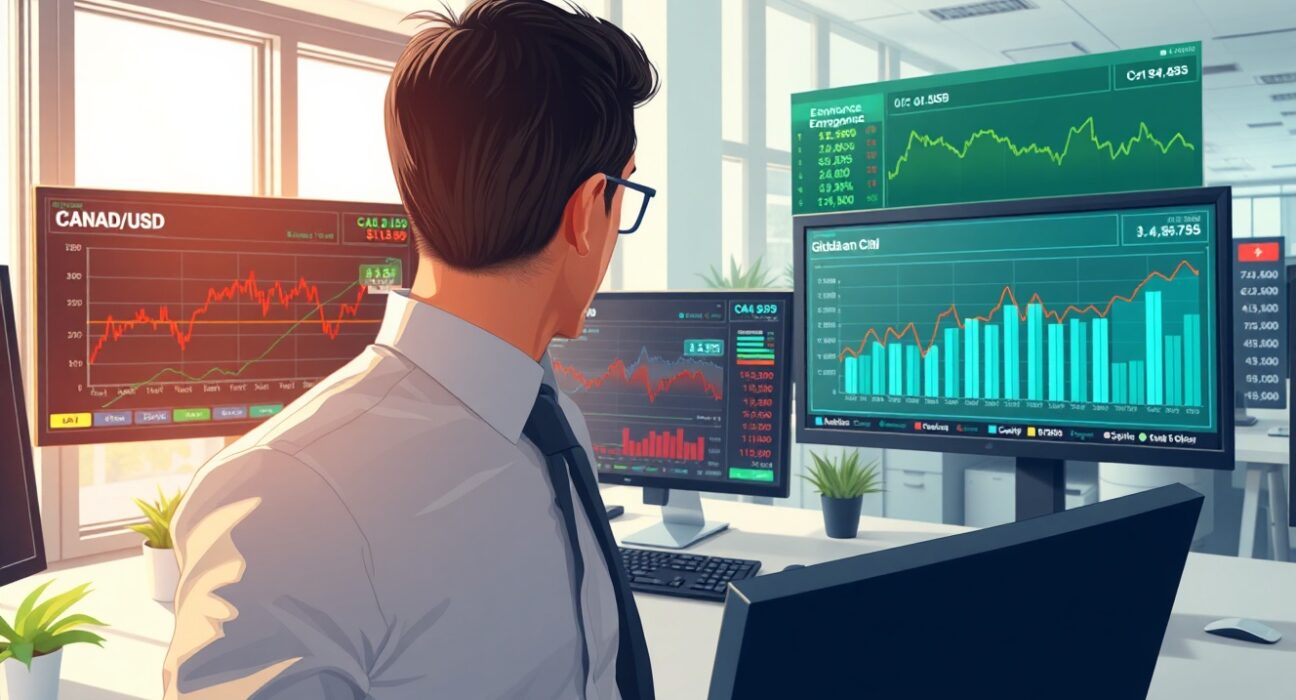 Financial analyst examining Canadian dollar forecast with CAD currency data and oil price charts
