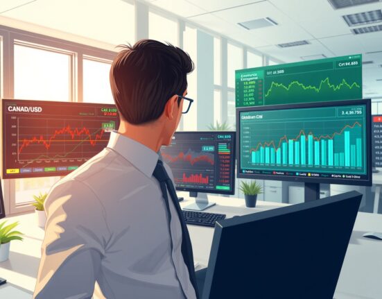 Financial analyst examining Canadian dollar forecast with CAD currency data and oil price charts