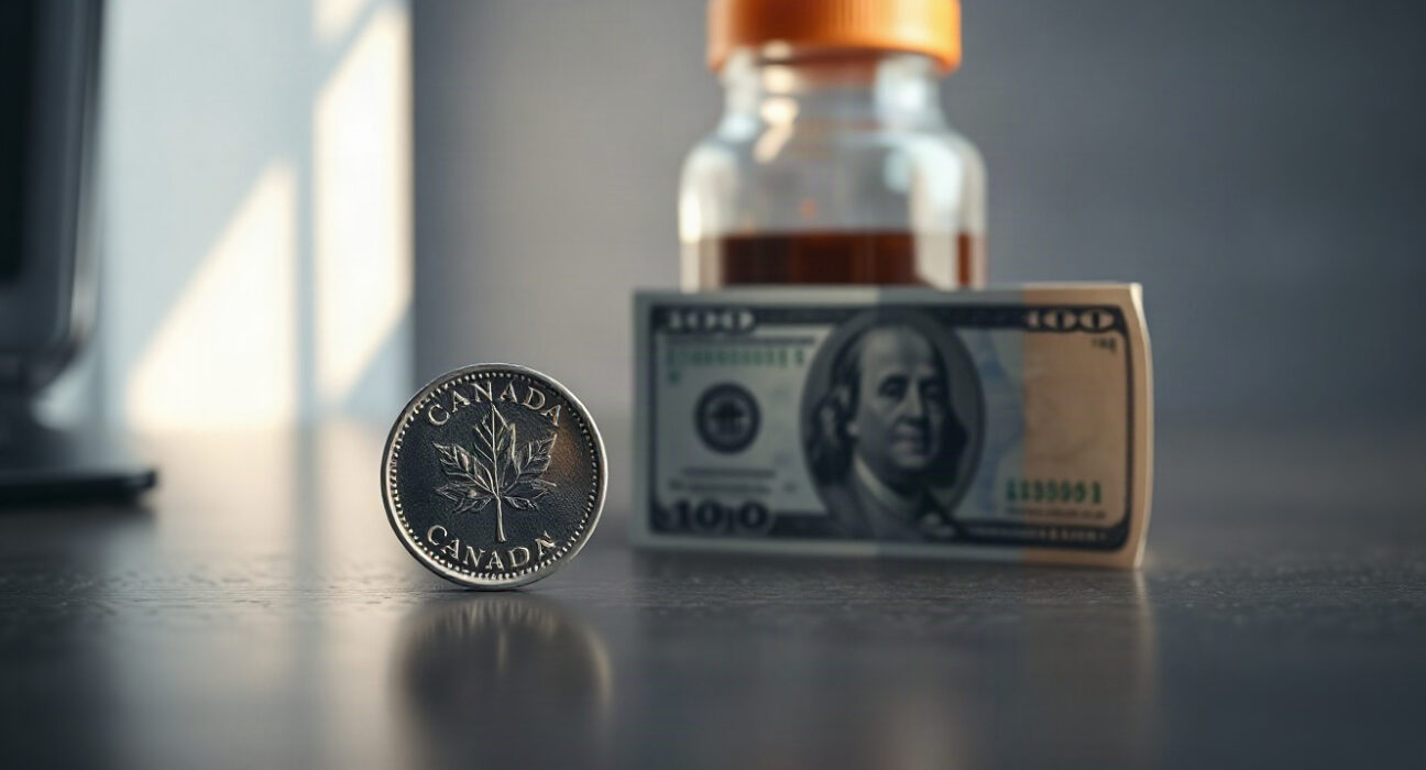 Canadian dollar coin and US dollar bill with oil vial, symbolizing currency and commodity market dynamics.