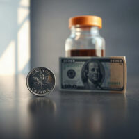 Canadian dollar coin and US dollar bill with oil vial, symbolizing currency and commodity market dynamics.