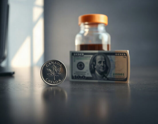 Canadian dollar coin and US dollar bill with oil vial, symbolizing currency and commodity market dynamics.