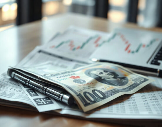 Canadian and US dollar banknotes with currency chart in background