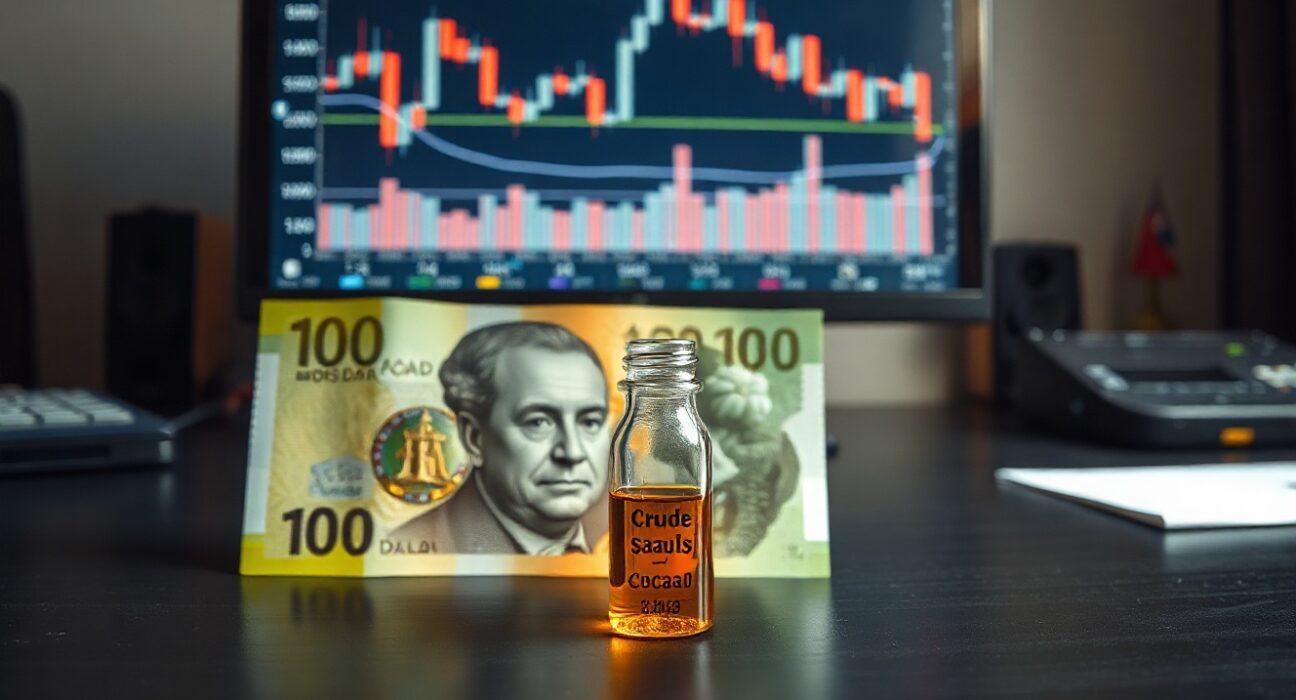 Canadian dollar banknote and oil vial with USD/CAD chart on screen