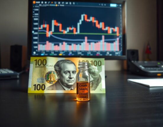 Canadian dollar banknote and oil vial with USD/CAD chart on screen