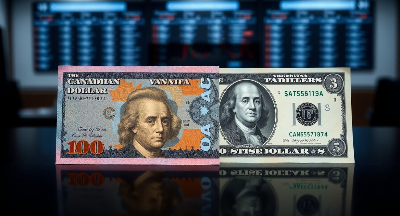 Canadian and US dollar banknotes on a dark surface, representing currency weakness and strength in forex markets.