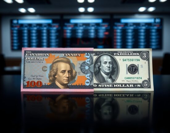 Canadian and US dollar banknotes on a dark surface, representing currency weakness and strength in forex markets.