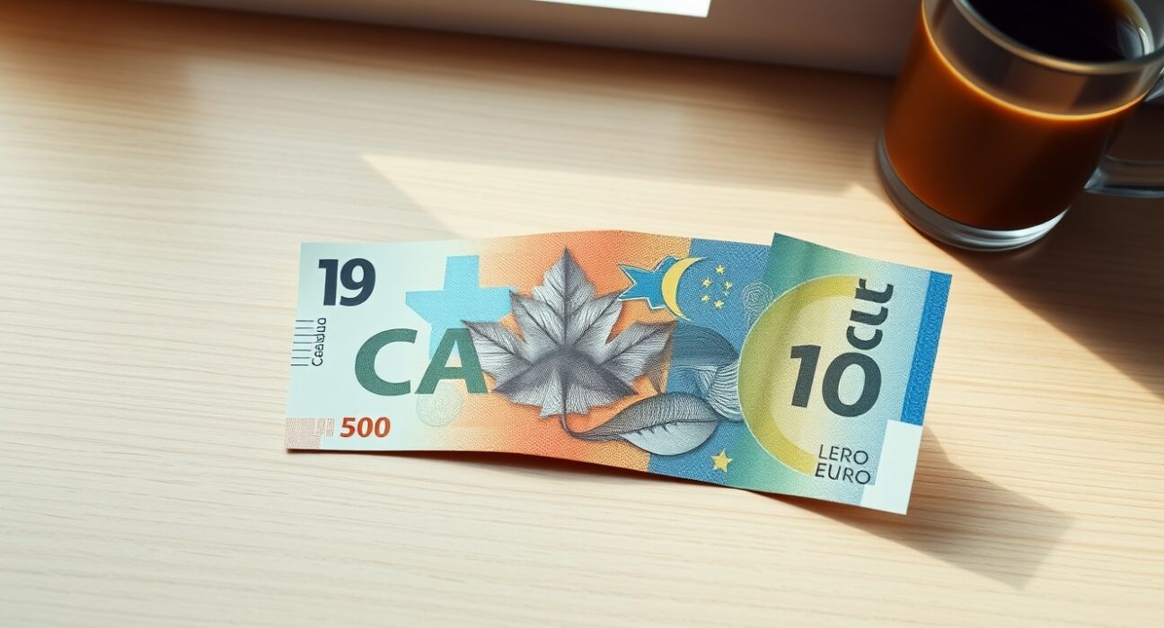 Canadian Dollar and Euro banknotes on a desk representing currency market movements