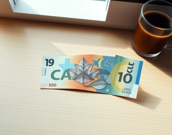 Canadian Dollar and Euro banknotes on a desk representing currency market movements
